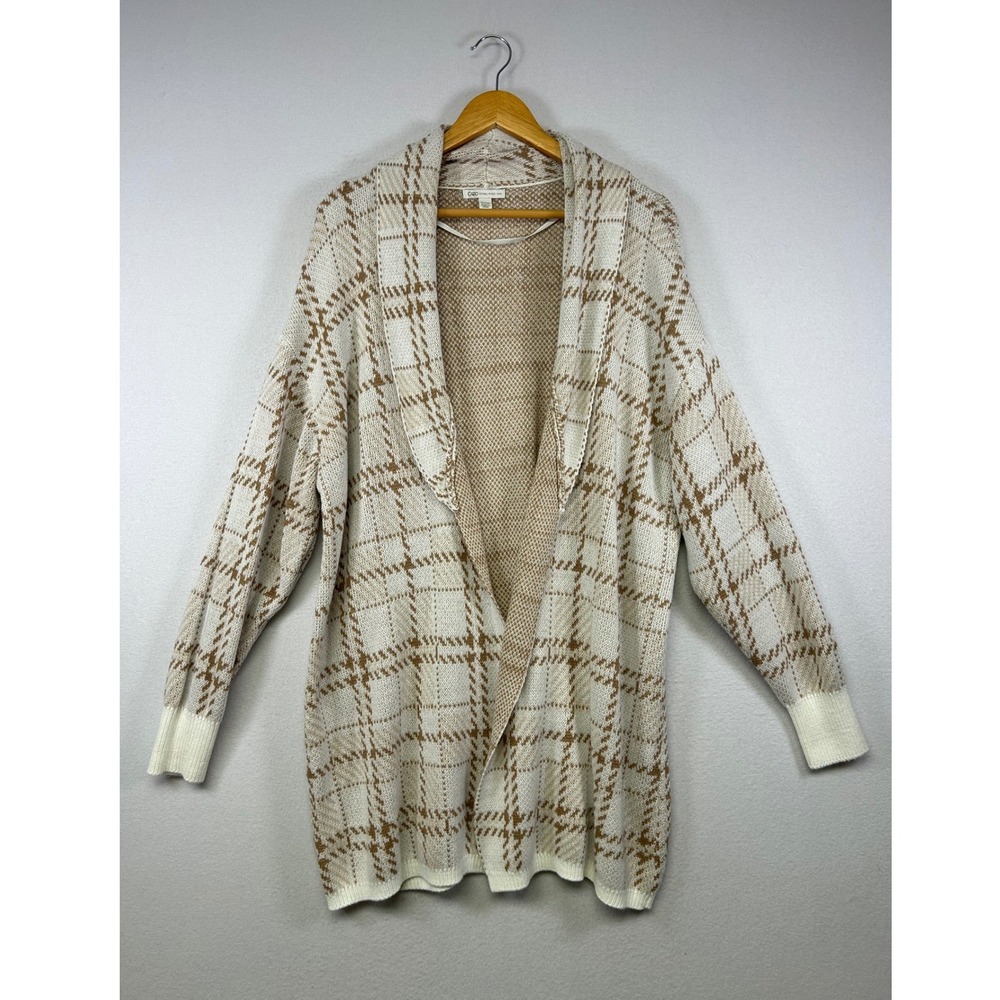 Preppy Neutral Cato Womens 18/20W Cream‎ Tan Plaid Shawl Collar Cardigan Sweater